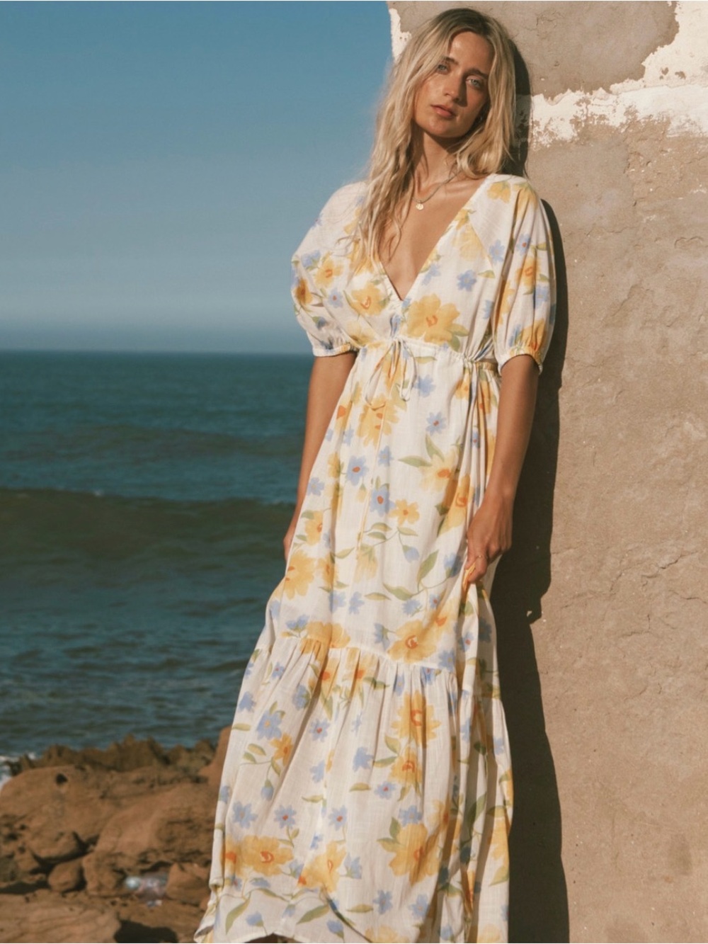 Billabong Lost in Love White Floral Maxi Dress with Yellow & Blue Flowers